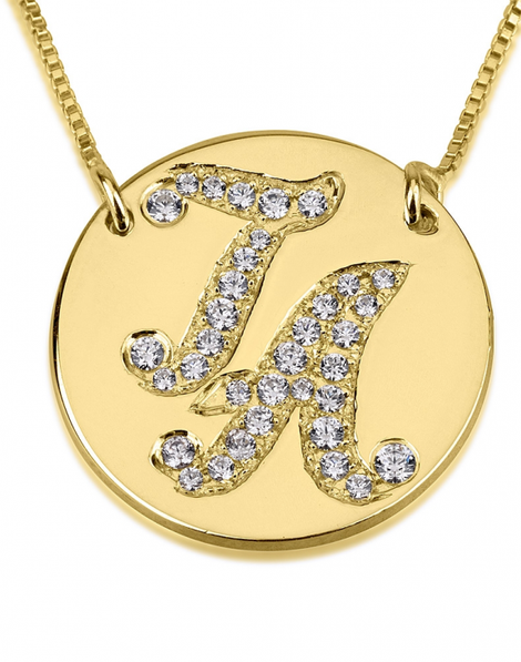 Initial Disc Necklace with Cubic Zirconia - 14k Gold
