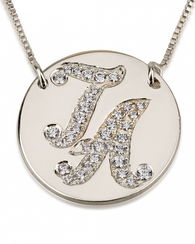 Initial Disc Necklace with Cubic Zirconia - 14k White Gold