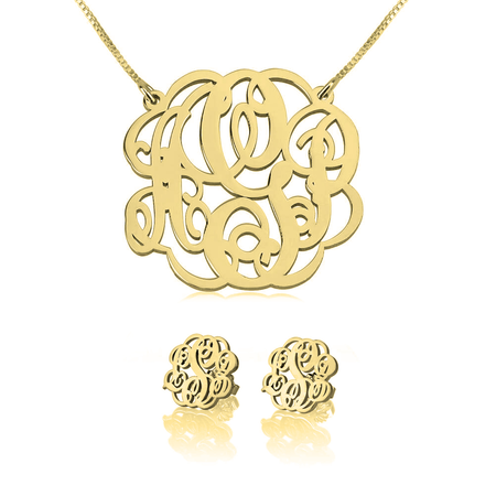 Monogram Necklace & Earring Set 24k Gold Plated