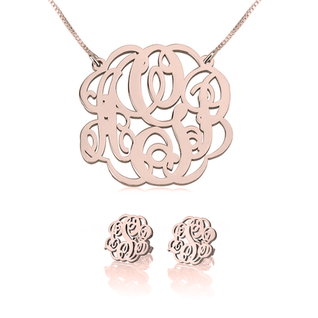 Monogram Necklace & Earring Set Rose Gold Plated