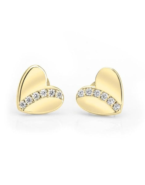 Cubic Zirconia Heart Stud Earrings - 24k Gold Plated