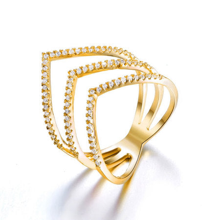 Cubic Zirconia Chevron Ring 24k Gold Plated