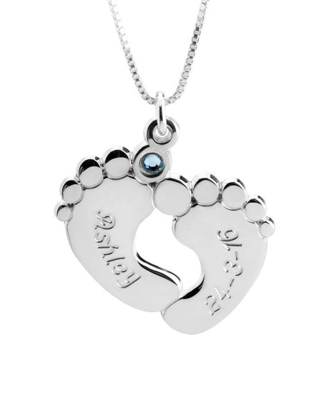 Engraved Baby Feet with Birthstone -Sterling Silver