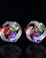 Multicolour CZ Crystal Stud Earrings - Red Green Purple