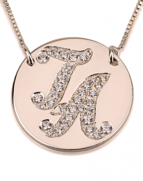 Initial Disc Necklace with Cubic Zirconia - Rose Gold Plated