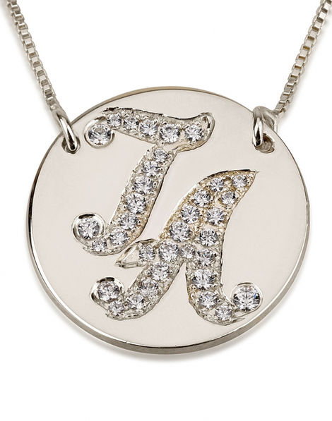Initial Disc Necklace with Cubic Zirconia - Sterling Silver