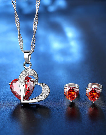 Red Heart Necklace and Earrings Set