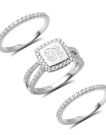 Custom Engraved Monogram Stackable Rings with Cubic Zirconia Stones