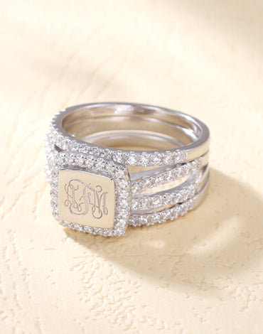 Custom Engraved Monogram Stackable Rings with Cubic Zirconia Stones