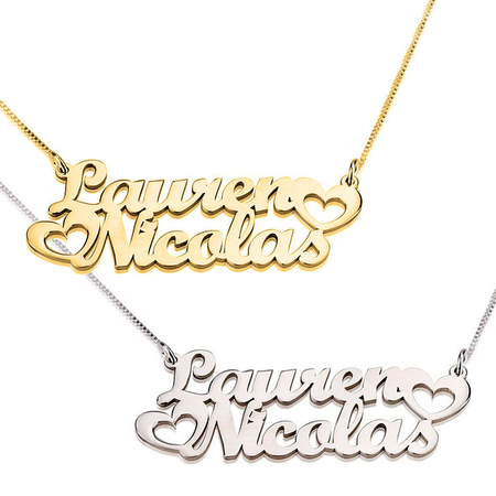 Two Name Necklace with Connecting Hearts 14k Gold