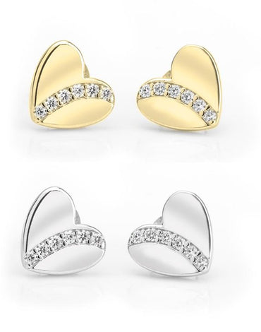 Cubic Zirconia Heart Stud Earrings - Sterling Silver