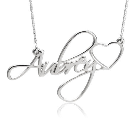 Customised Name Necklace with Heart - Silver